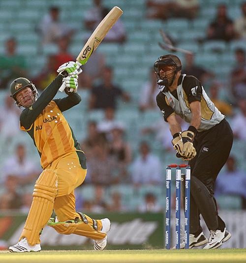 Ricky Ponting swings over midwicket during his fifty
