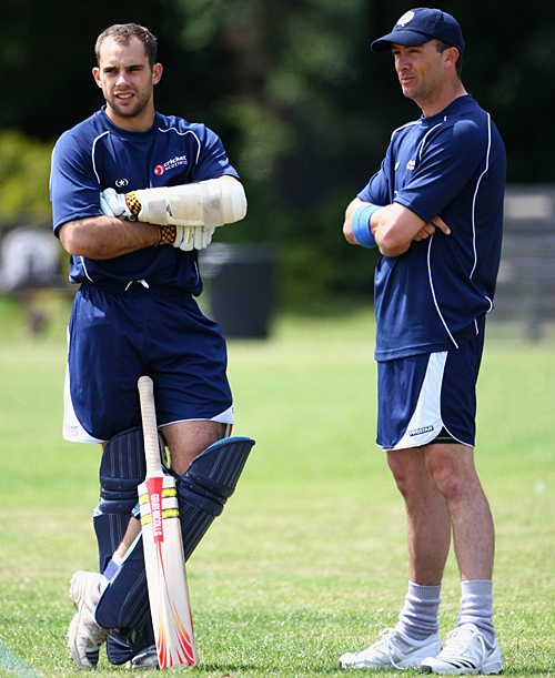 Kyle Coetzer and Gavin Hamilton look on during Scotland's practice session