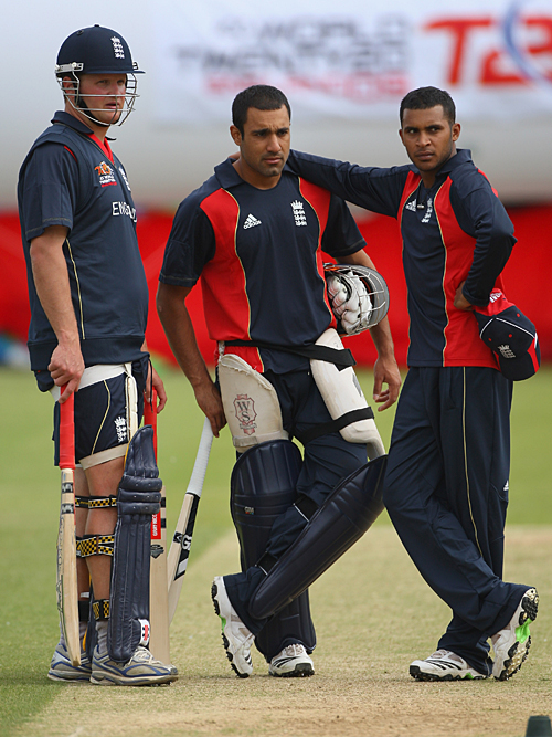 Robert Key, Ravi Bopara and Adil Rashid at England's nets session