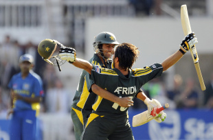 Shahid Afridi and Shoaib Malik celebrate the win, Pakistan v Sri Lanka, ICC World Twenty20 final, Lord's, June 21, 2009 