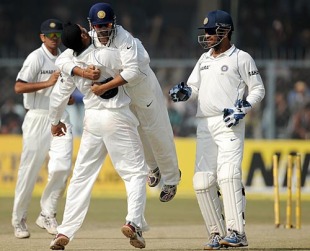 Harbhajan Singh and Gautam Gambhir celebrate, India v Sri Lanka, 2nd Test, Kanpur, 4th day, November 27, 2009