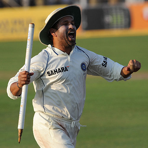 Sachin Tendulkar lets out a victory roar