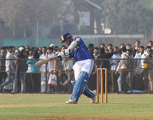 Sachin Tendulkar bats during Mumbai Indians' practice game at the Bombay Gymkhana
