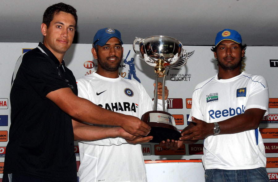Ross Taylor, MS Dhoni and Kumar Sangakkara pose with the trophy ahead of the tri-series