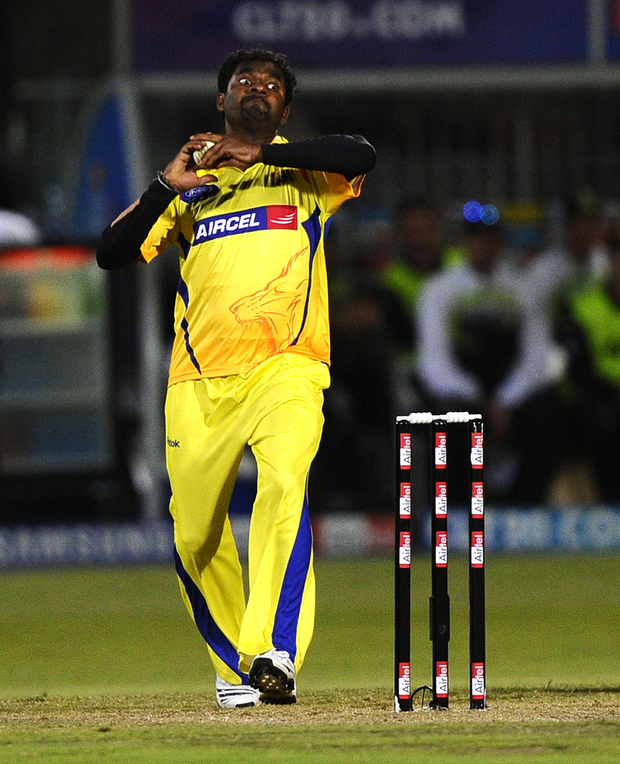 Muttiah Muralitharan is all concentration in his delivery stride