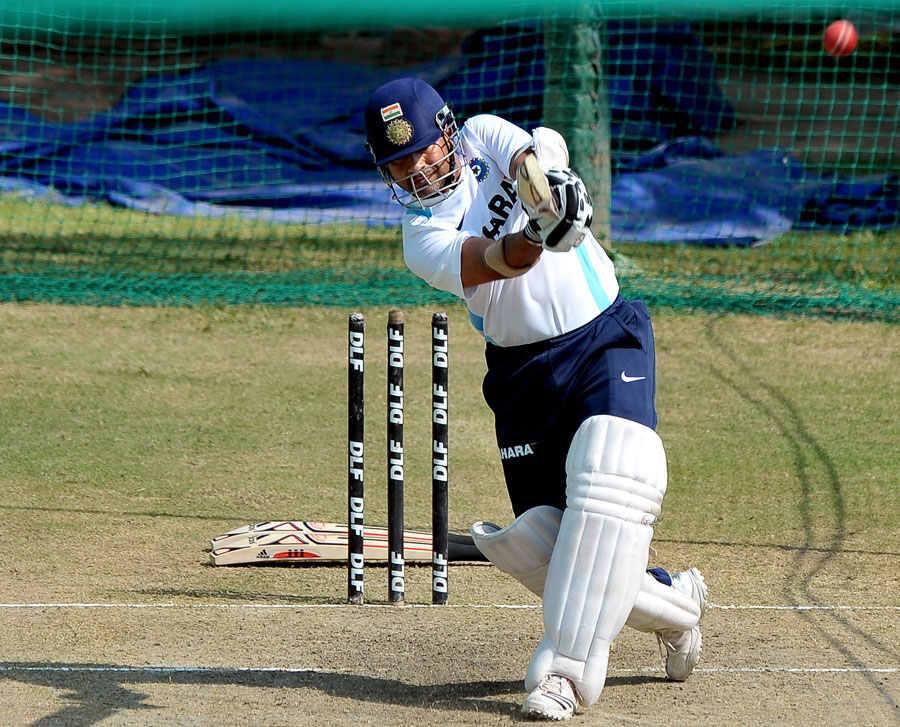 Sachin Tendulkar plays a lofted shot during nets