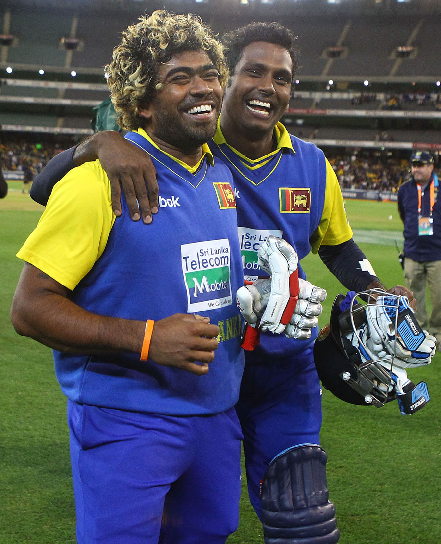 Angelo Mathews and Lasith Malinga smile after Sri Lanka completed the win