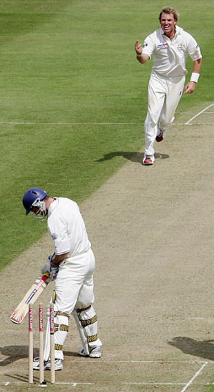 Shane Warne bowls Andrew Strauss, England v Australia, Edgbaston, August 4, 2005