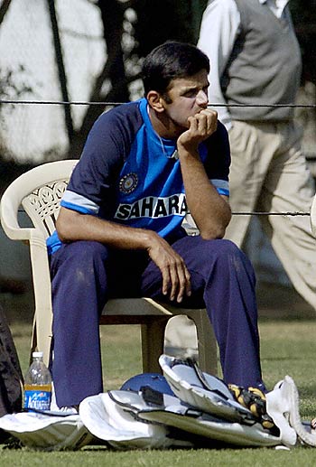 Rahul Dravid mulls his options ahead of the second Test, PCB Stadium, Mohali, March 8, 2006 © AFP