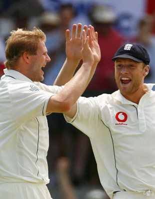 Matthew Hoggard and Andrew Flintoff celebrate another wicket, Australia v England, 2nd Test, Adelaide, December 3, 2006