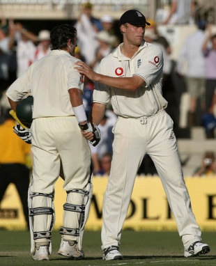 Andrew Flintoff congratulates Michael Hussey after Australia's remarkable win, Australia v England, 2nd Test, Adelaide, December 5, 2006