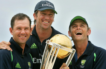 A trio of winners: Ricky Ponting, Glenn McGrath and Adam Gilchrist with the World Cup trophy, Bridgetown, Barbados, April 29, 2007