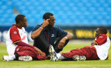Michael Holding talks with Daren Powell (left) and Jerome Taylor, Headingley, May 24, 2007
