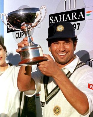 Sachin Tendulkar with the Sahara Cup after beating Pakistan 4-1, India v Pakistan, 5th ODI, Toronto, September 21, 1997 