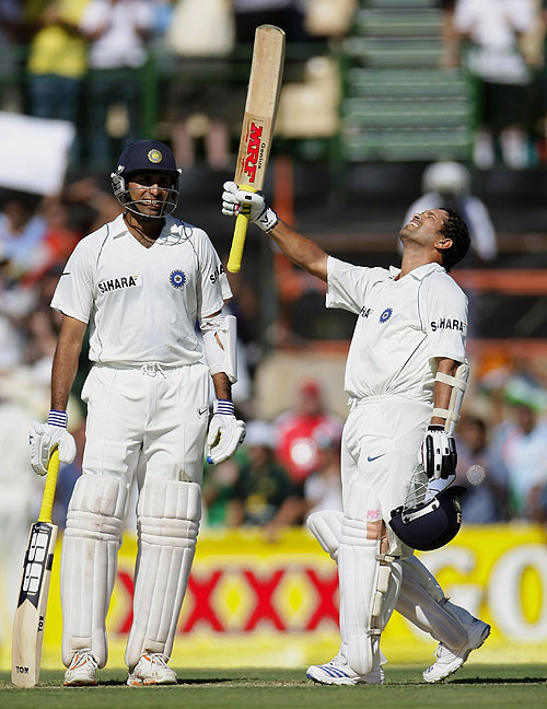 Sachin Tendulkar raised his 39th Test hundred during a 126-run stand with VVS Laxman, Australia v India, 4th Test, Adelaide, 1st day, January 24, 2008