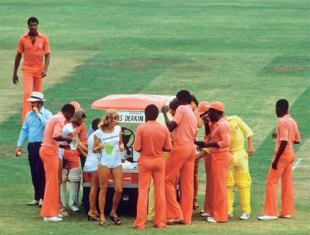 Drinks, Packer style, during a World Series Cricket game between Australia and West Indies, January 1979