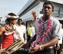 Ajantha Mendis arrives at Colombo airport