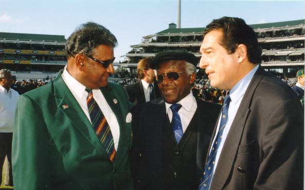 UCB President Krish Mackerdhuj, Archbishop Desmond Tutu and UCB MD Ali Bacher. Standard Bank Triangular series final South Africa v Pakistan at Newlands 23 April 1998